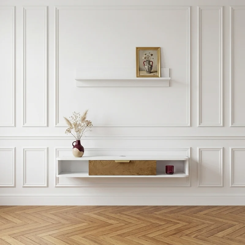 Jax Ensemble meuble TV suspendu 120 cm avec étagère murale - blanc et chêne