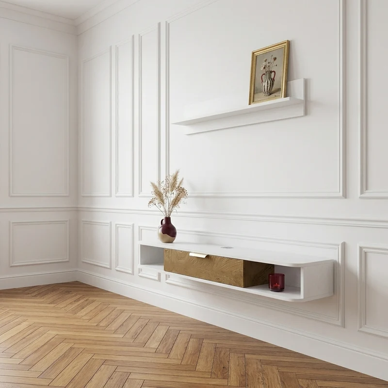 Jax Ensemble meuble TV suspendu 120 cm avec étagère murale - blanc et chêne