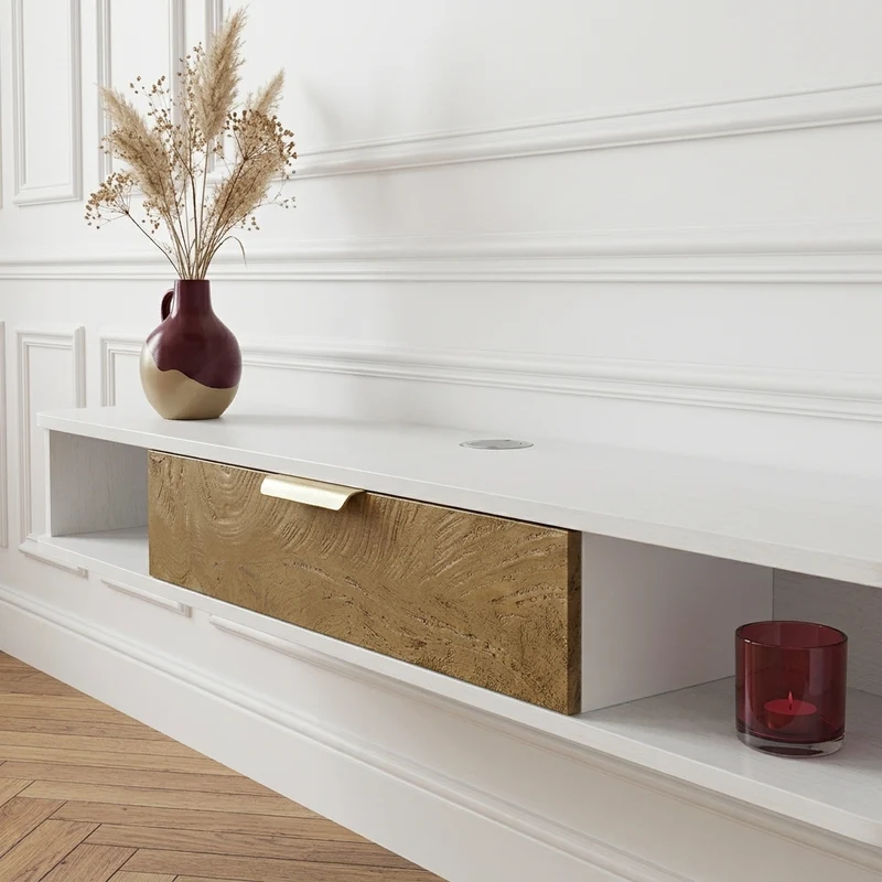 Jax Ensemble meuble TV suspendu 120 cm avec étagère murale - blanc et chêne