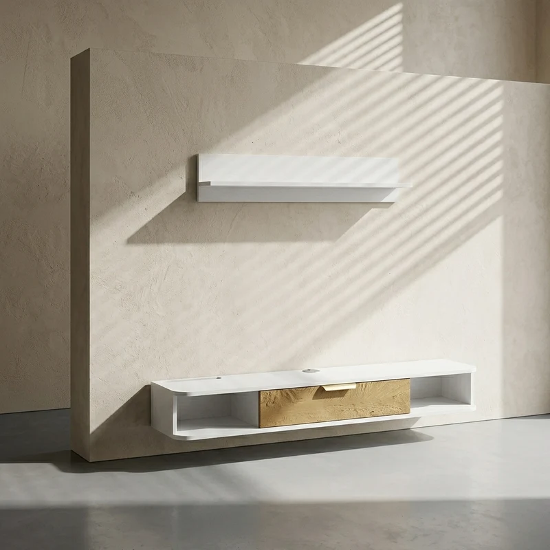 Jax Ensemble meuble TV suspendu 120 cm avec étagère murale - blanc et chêne