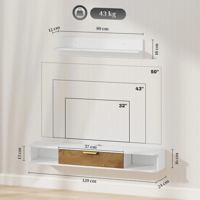 Jax Ensemble meuble TV suspendu 120 cm avec étagère murale - blanc et chêne
