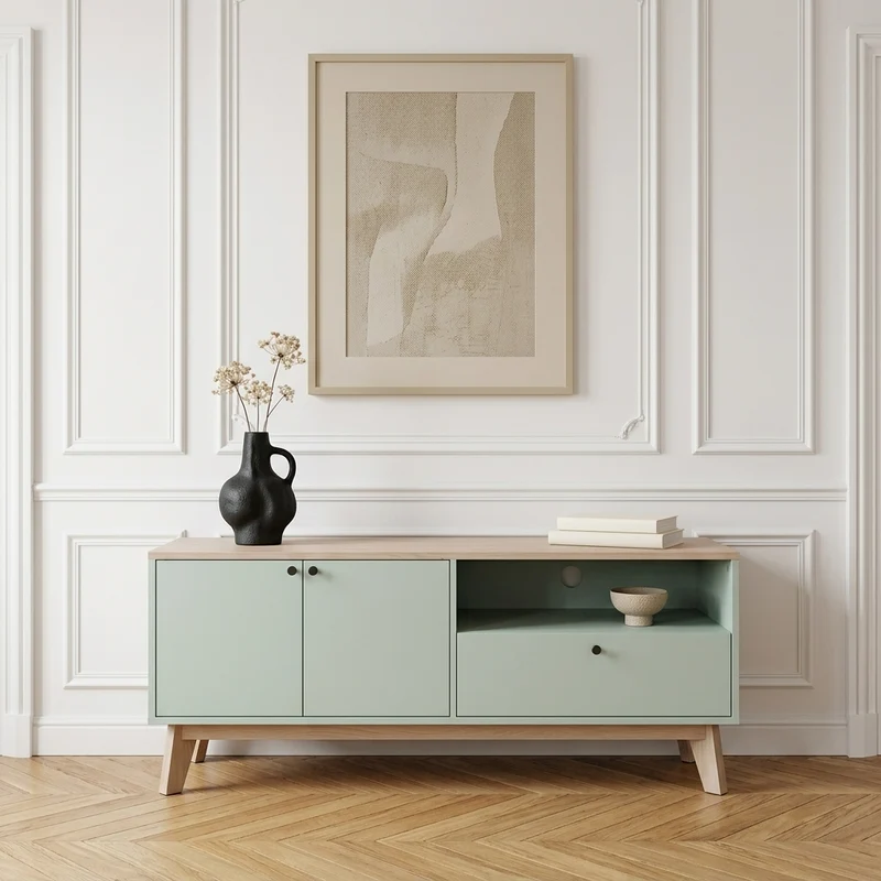 Penny Meuble TV 120 cm vert sauge et chêne - TV jusqu'à 36 pouces
