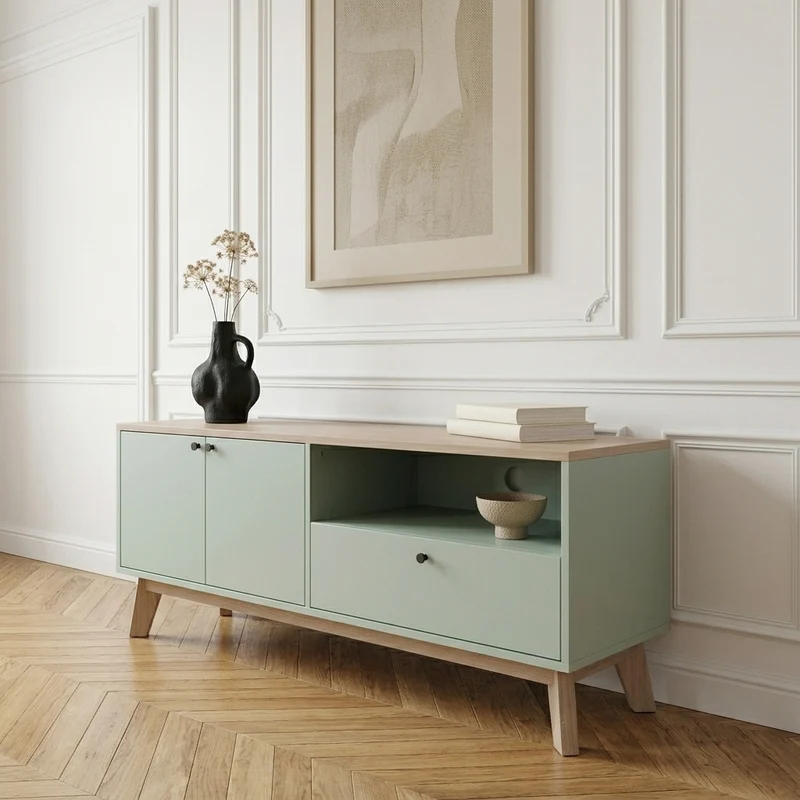 Penny Meuble TV 120 cm vert sauge et chêne - TV jusqu'à 36 pouces