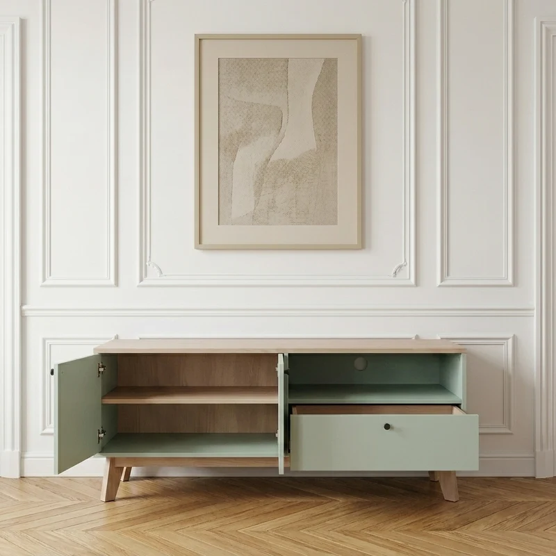 Penny Meuble TV 120 cm vert sauge et chêne - TV jusqu'à 36 pouces