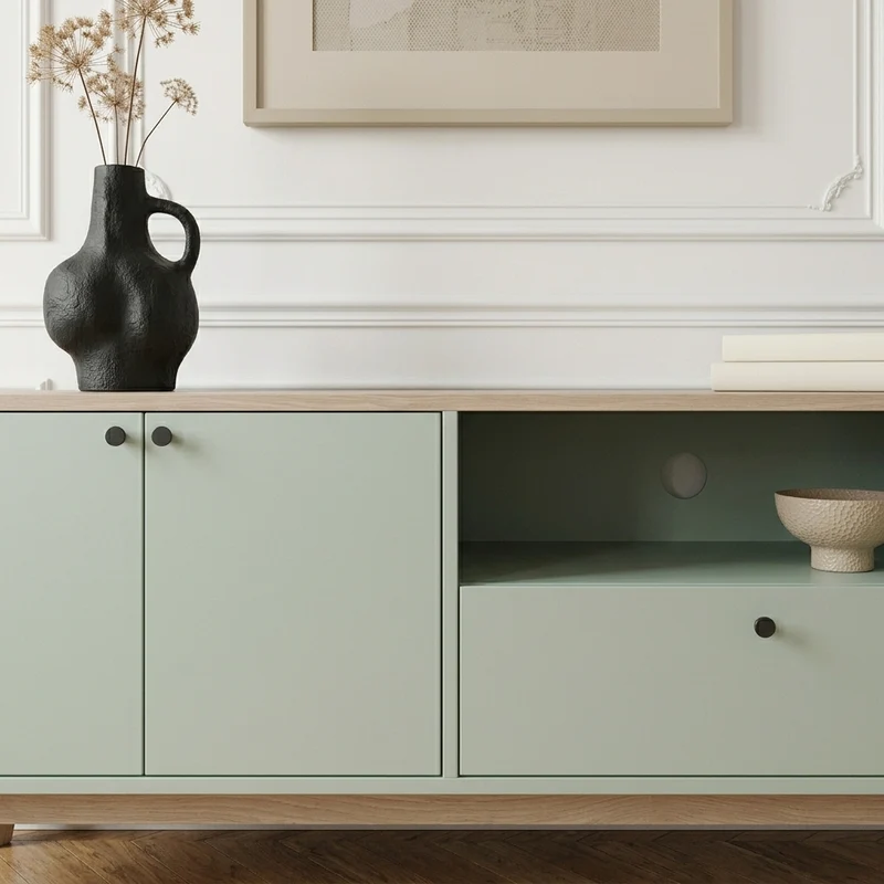 Penny Meuble TV 120 cm vert sauge et chêne - TV jusqu'à 36 pouces