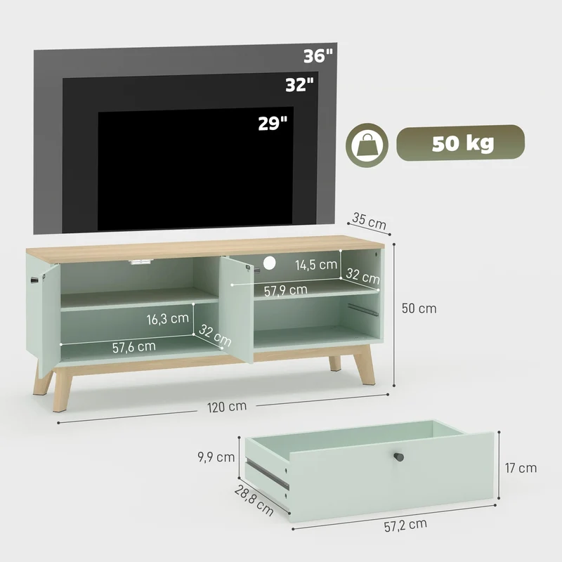 Penny Meuble TV 120 cm vert sauge et chêne - TV jusqu'à 36 pouces