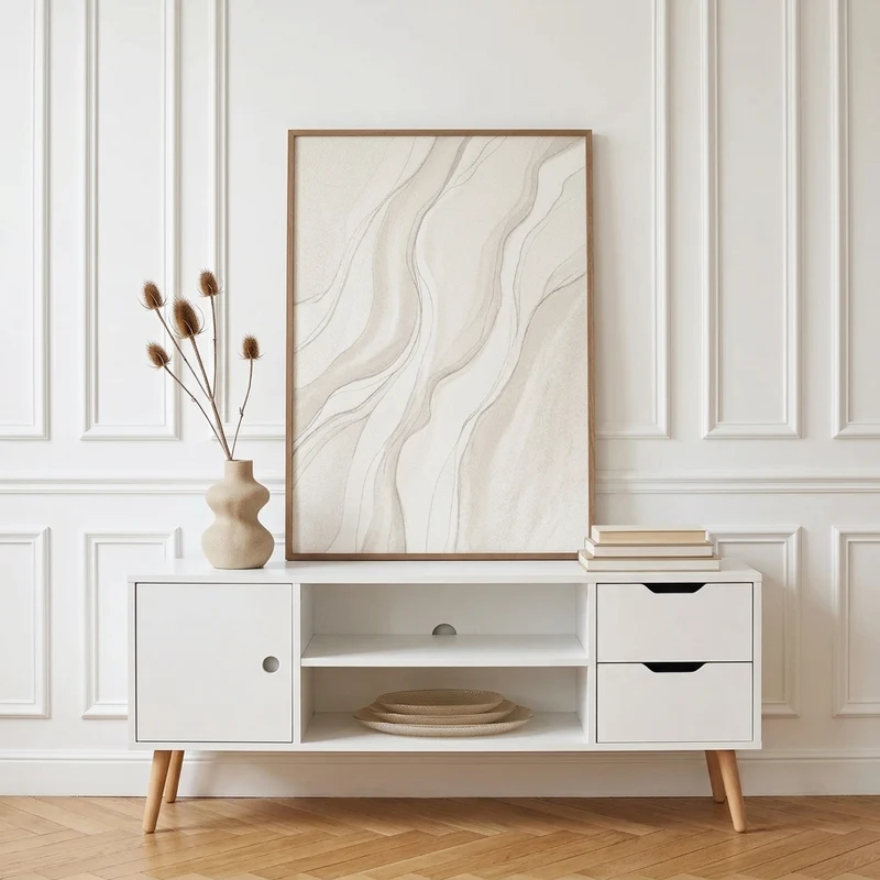 Lisa Meuble TV Blanc scandinave à pieds bois - 1 porte, 2 niches et 2 tiroirs