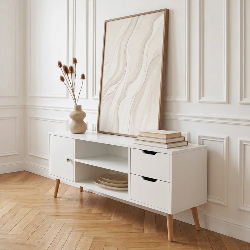 Lisa Meuble TV Blanc scandinave à pieds bois - 1 porte, 2 niches et 2 tiroirs