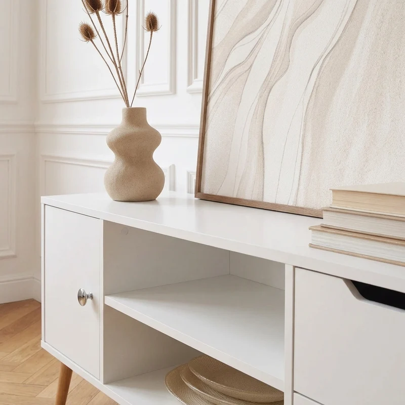 Lisa Meuble TV Blanc scandinave à pieds bois - 1 porte, 2 niches et 2 tiroirs