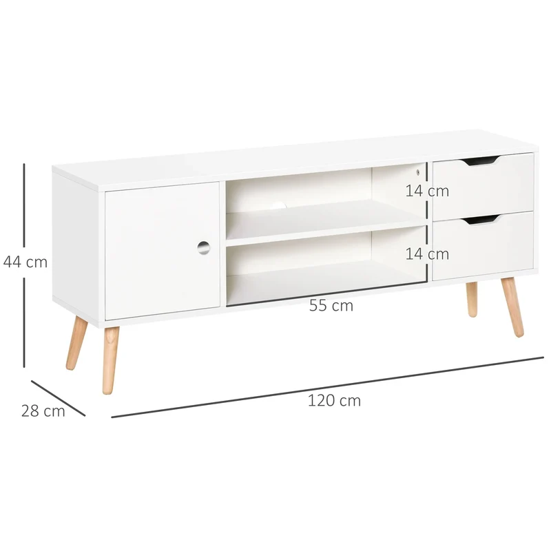 Lisa Meuble TV Blanc scandinave à pieds bois - 1 porte, 2 niches et 2 tiroirs