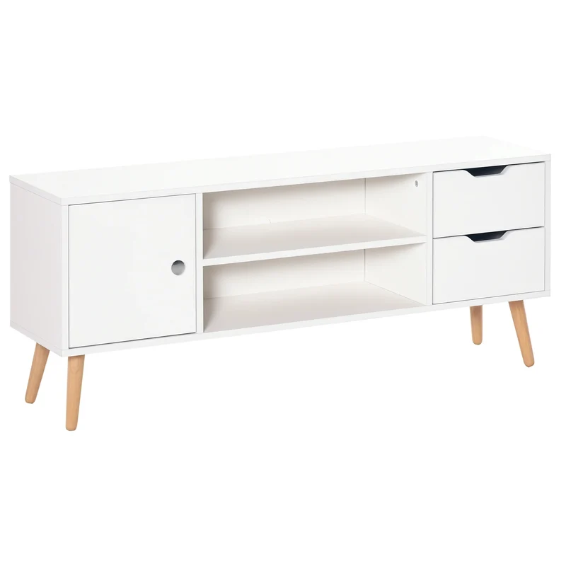 Lisa Meuble TV Blanc scandinave à pieds bois - 1 porte, 2 niches et 2 tiroirs