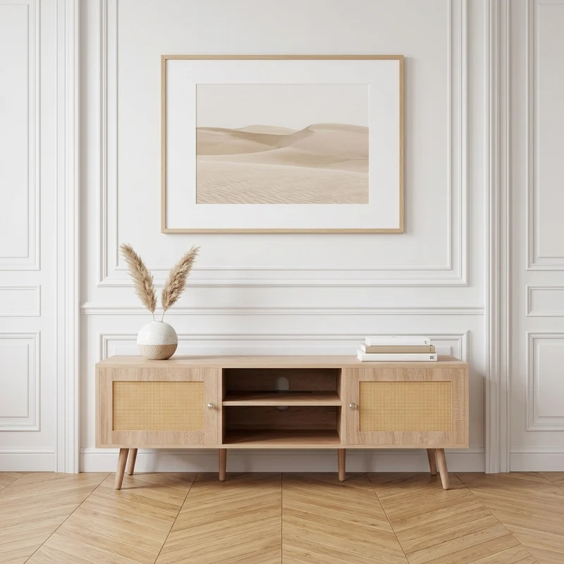 Gordon Meuble TV rotin 140 cm avec prises intégrées et USB - chêne