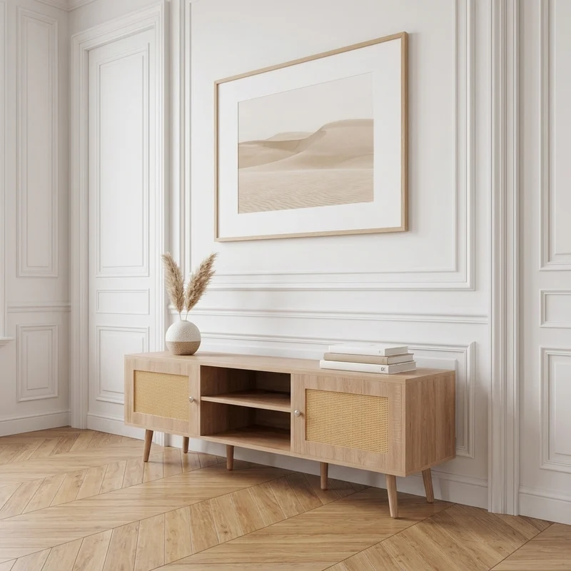 Gordon Meuble TV rotin 140 cm avec prises intégrées et USB - chêne