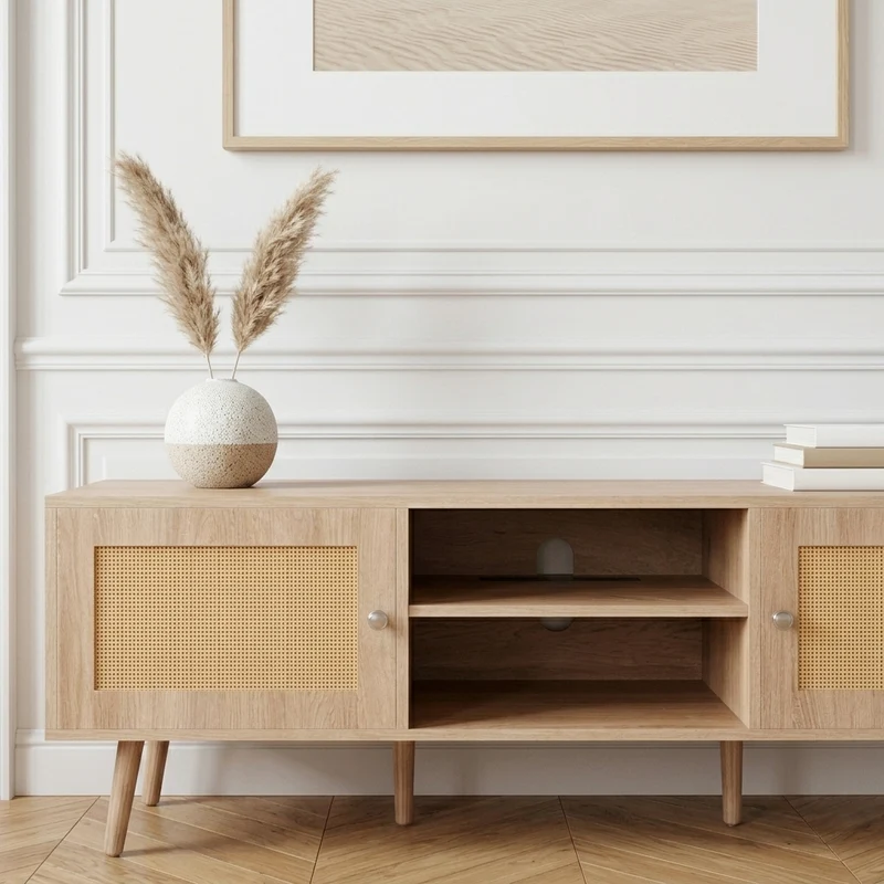 Gordon Meuble TV rotin 140 cm avec prises intégrées et USB - chêne