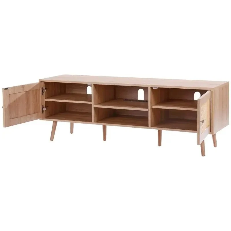 Gordon Meuble TV rotin 140 cm avec prises intégrées et USB - chêne
