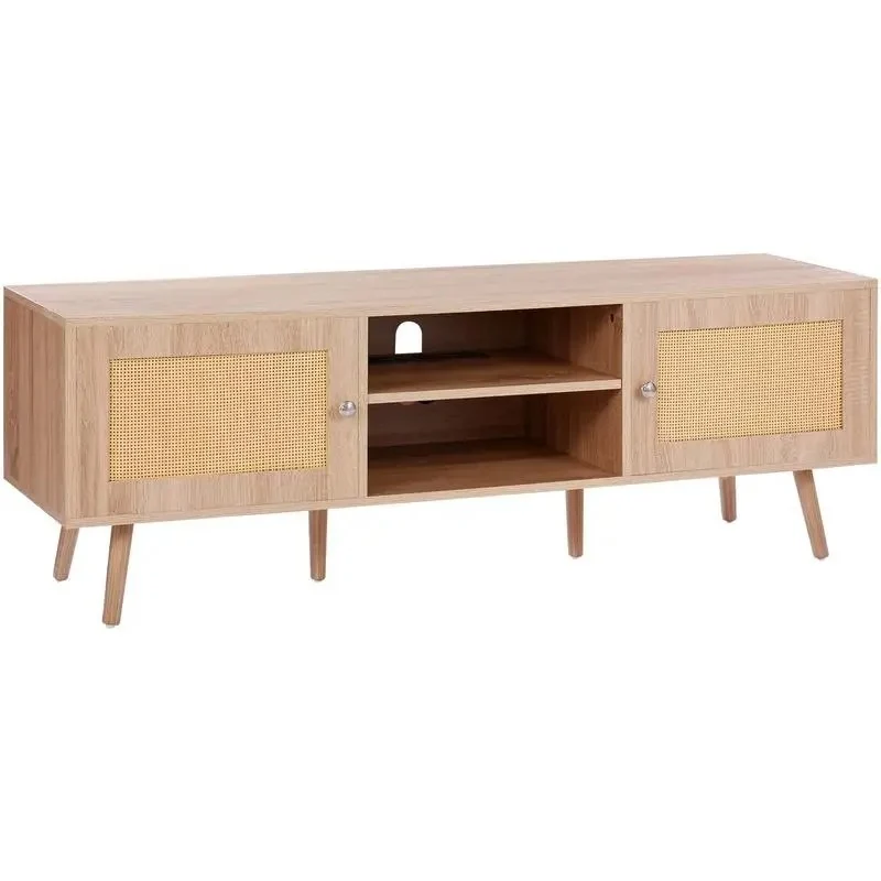 Gordon Meuble TV rotin 140 cm avec prises intégrées et USB - chêne