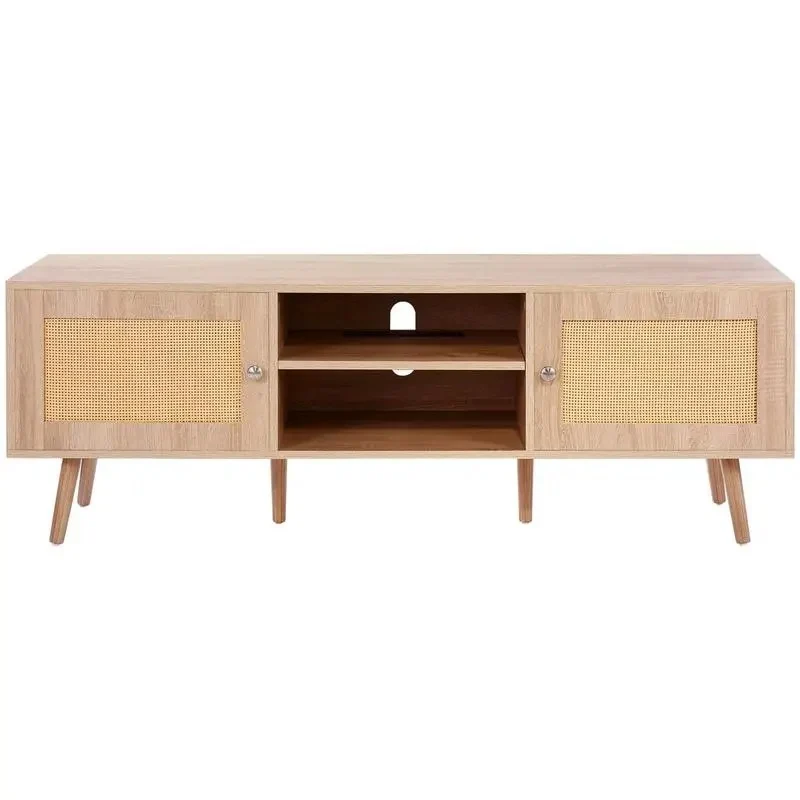 Gordon Meuble TV rotin 140 cm avec prises intégrées et USB - chêne