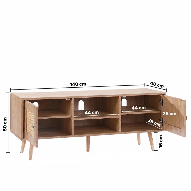 Gordon Meuble TV rotin 140 cm avec prises intégrées et USB - chêne