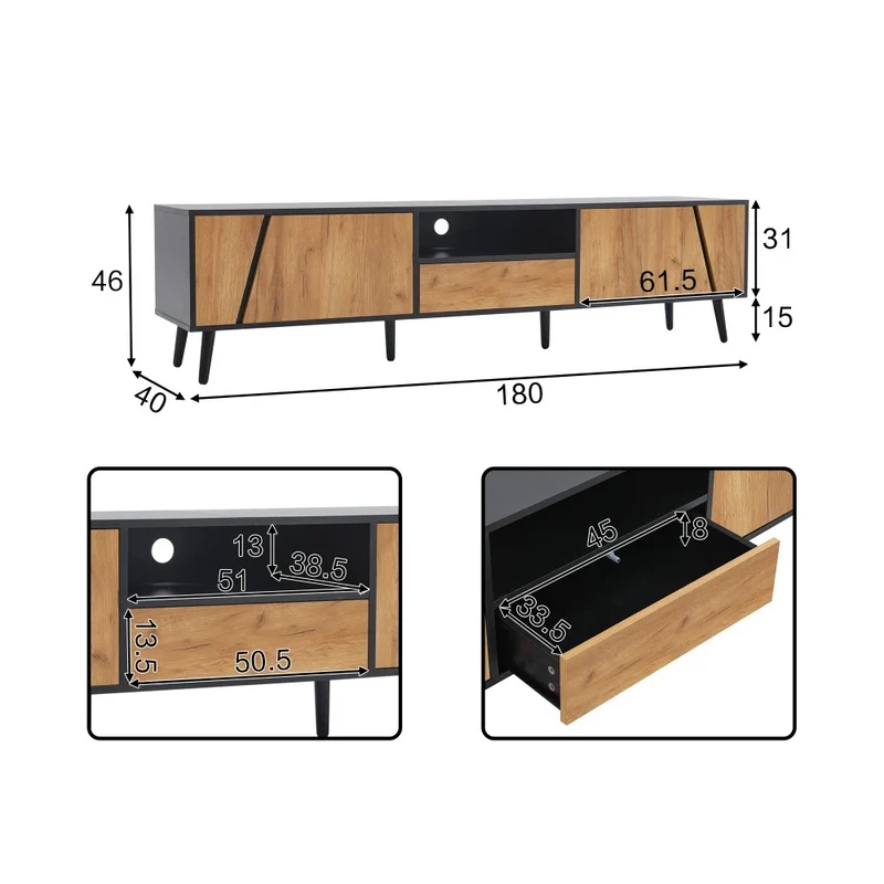 Oslo Meuble TV 180 cm avec 2 portes, 1 niche et 1 tiroir