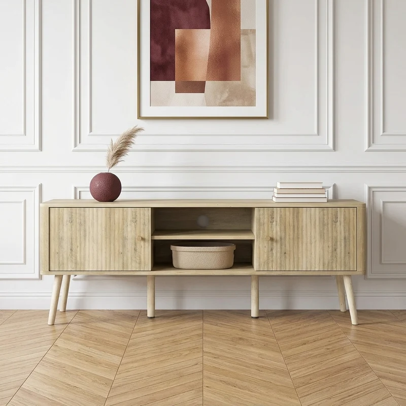 Samara Meuble TV 140 cm cannelé, poignées dorées