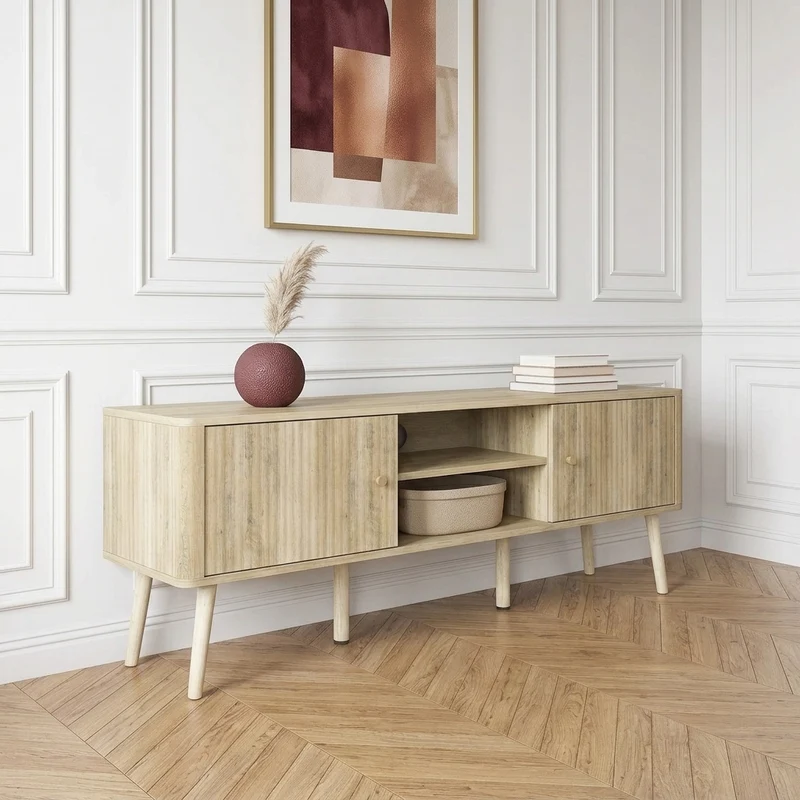 Samara Meuble TV 140 cm cannelé, poignées dorées