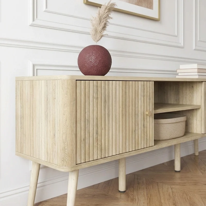 Samara Meuble TV 140 cm cannelé, poignées dorées