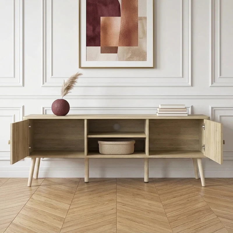 Samara Meuble TV 140 cm cannelé, poignées dorées