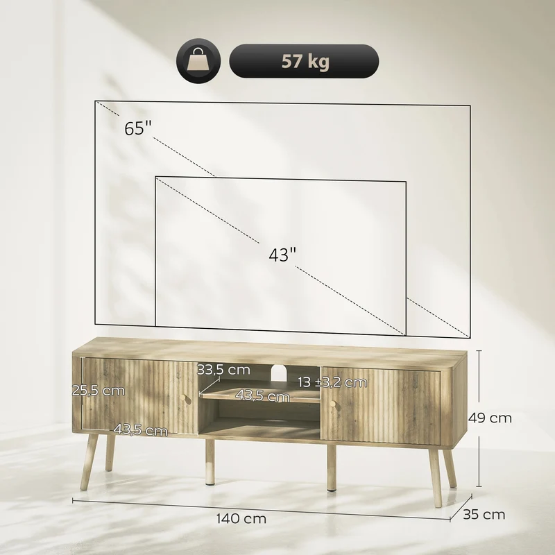 Samara Meuble TV 140 cm cannelé, poignées dorées