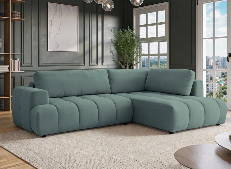 Canapé d'angle convertible avec coffre en tissu vert olive HAVEN - Angle droit