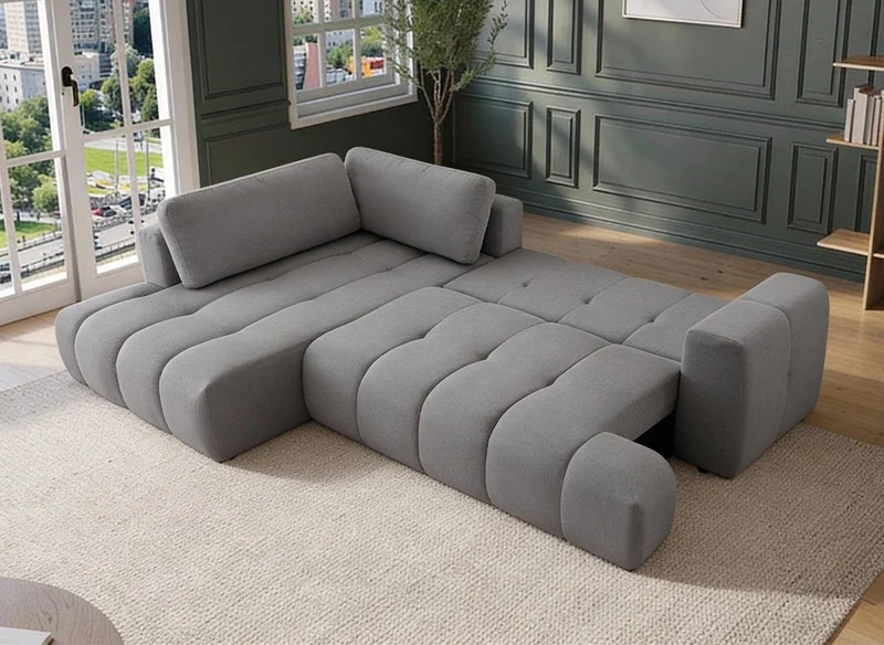 Canapé d'angle convertible avec coffre en tissu gris HAVEN - Angle gauche