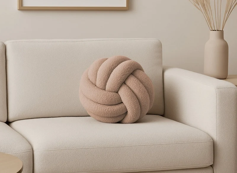 Coussin rond décoratif boule de nœud en effet peau de mouton taupe NODUS