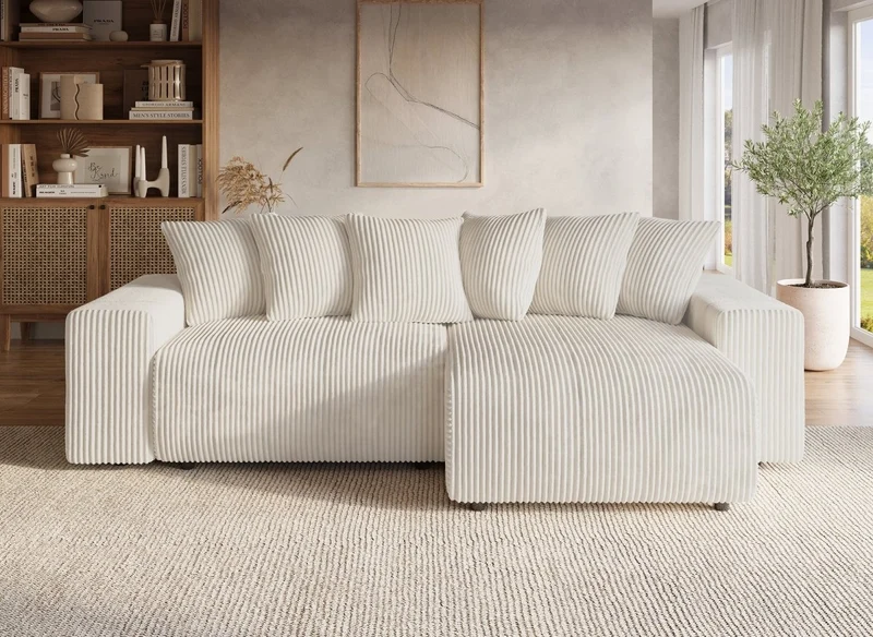 Canapé d'angle réversible convertible avec coffre en velours côtelé épais beige NOELIA