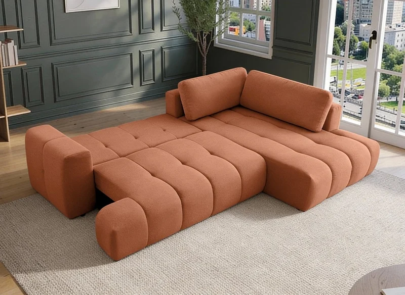 Canapé d'angle convertible avec coffre en tissu terracotta HAVEN - Angle droit