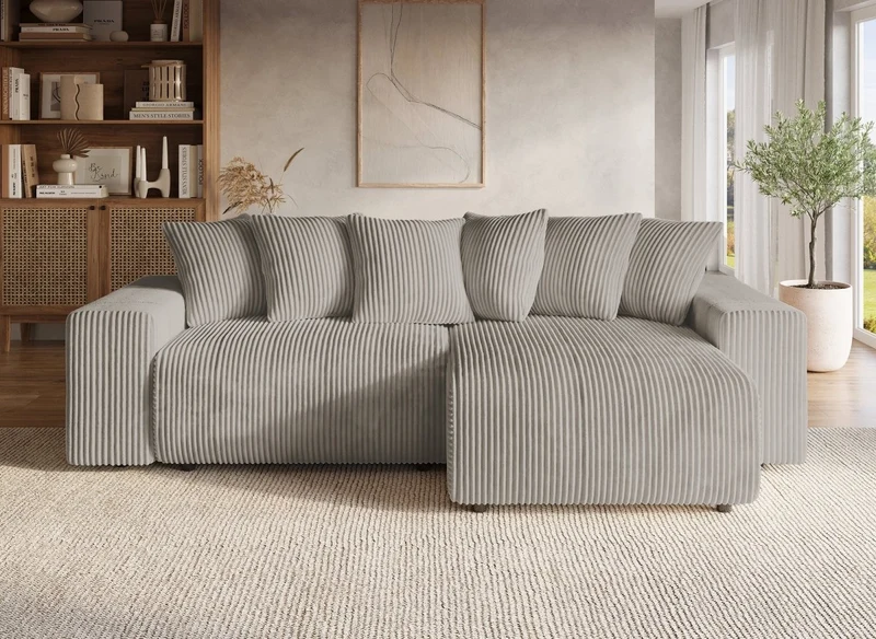 Canapé d'angle réversible convertible avec coffre en velours côtelé épais taupe NOELIA