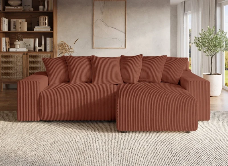 Canapé d'angle réversible convertible avec coffre en velours côtelé épais terracotta NOELIA