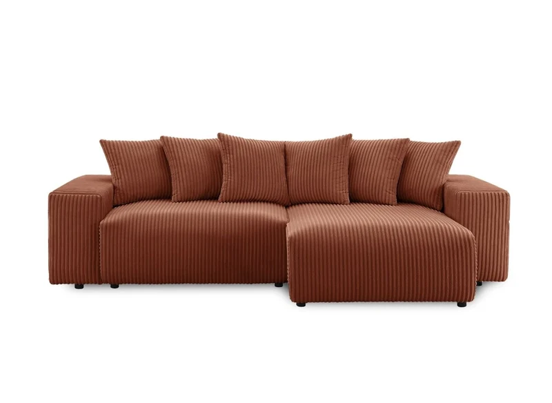 Canapé d'angle réversible convertible avec coffre en velours côtelé épais terracotta NOELIA