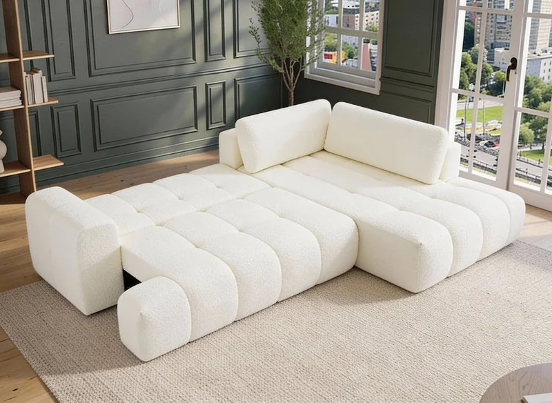 Canapé d'angle convertible avec coffre en tissu bouclette écru HAVEN - Angle droit