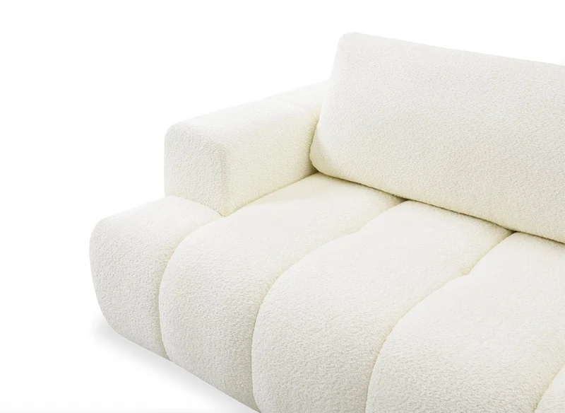 Canapé d'angle convertible avec coffre en tissu bouclette écru HAVEN - Angle droit
