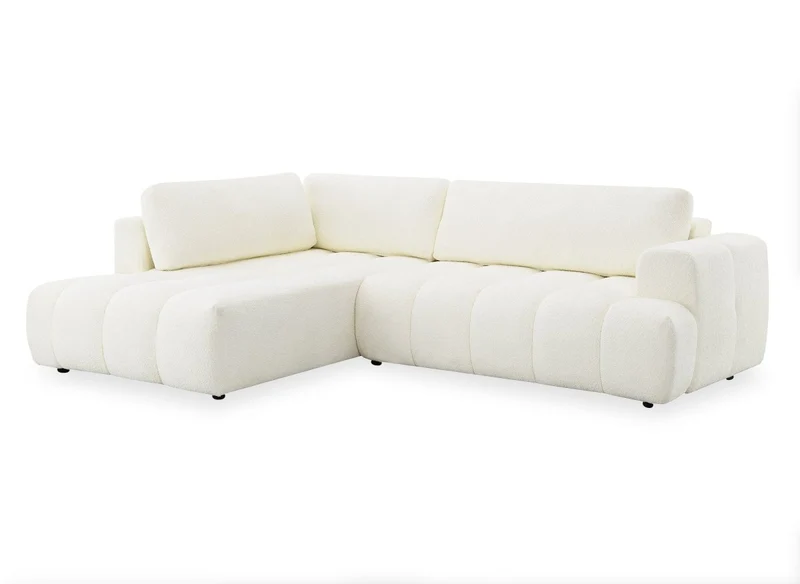 Canapé d'angle convertible avec coffre en tissu bouclette écru HAVEN - Angle gauche