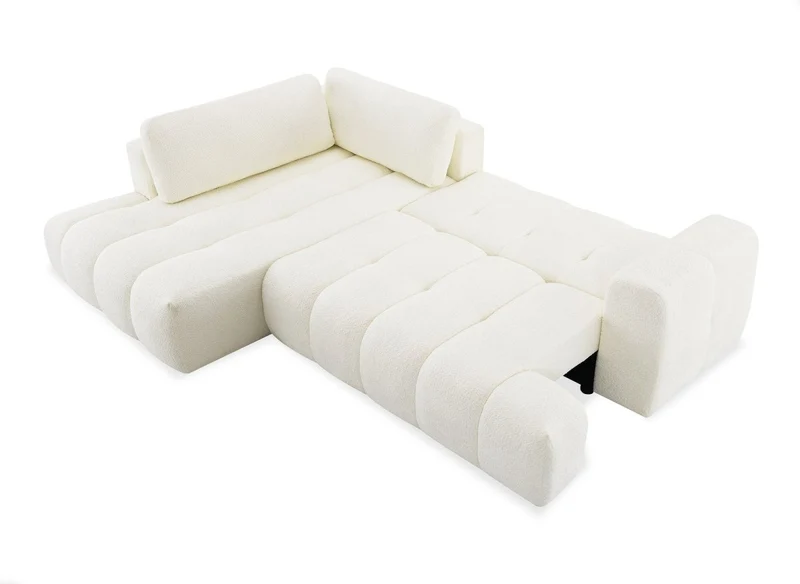 Canapé d'angle convertible avec coffre en tissu bouclette écru HAVEN - Angle gauche