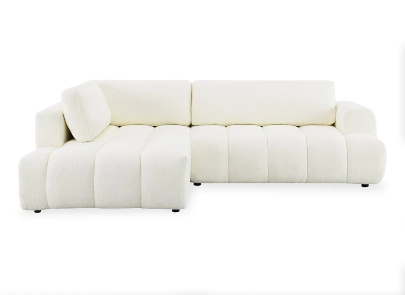 Canapé d'angle convertible avec coffre en tissu bouclette écru HAVEN - Angle gauche