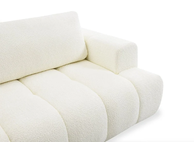 Canapé d'angle convertible avec coffre en tissu bouclette écru HAVEN - Angle gauche