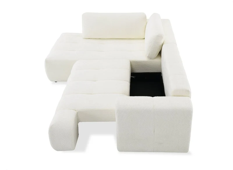 Canapé d'angle convertible avec coffre en tissu bouclette écru HAVEN - Angle gauche
