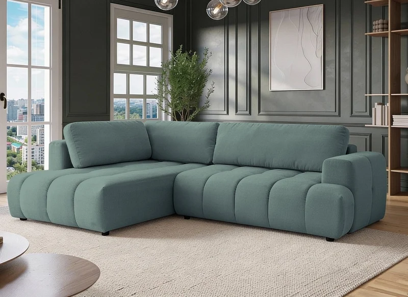 Canapé d'angle convertible avec coffre en tissu vert olive HAVEN - Angle gauche