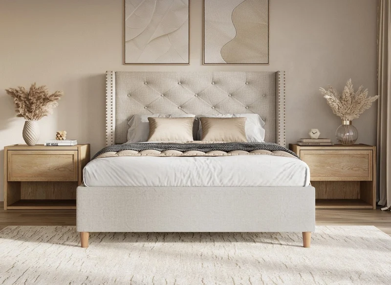 Lit double en tissu capitonné beige 160x200 cm MARGOT