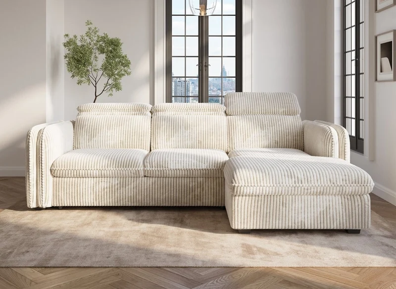 Canapé d'angle convertible en velours côtelé épais beige ISABELLA - Angle droit