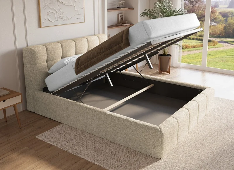 Lit coffre en tissu bouclette beige 140x190 cm MILIE