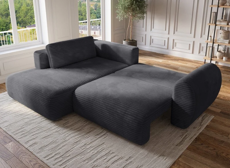 Canapé d'angle convertible avec méridienne et coffre en gros côtelé doux gris TILDA - Angle gauche