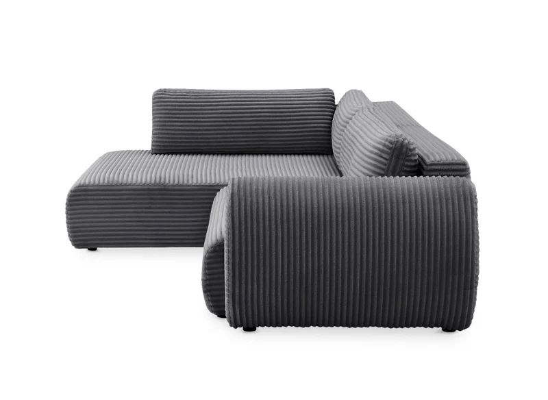 Canapé d'angle convertible avec méridienne et coffre en gros côtelé doux gris TILDA - Angle gauche