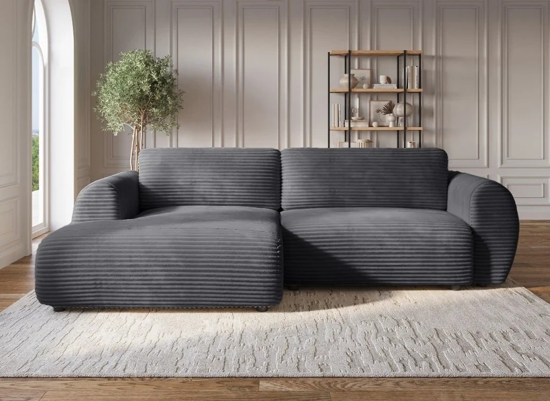 Canapé d'angle convertible avec coffre en velours gros côtelé doux gris TILDA - Angle gauche